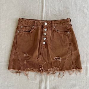 Free People High Waisted Distressed Denim Mini Skirt, Bronze/Brown, Size 28
